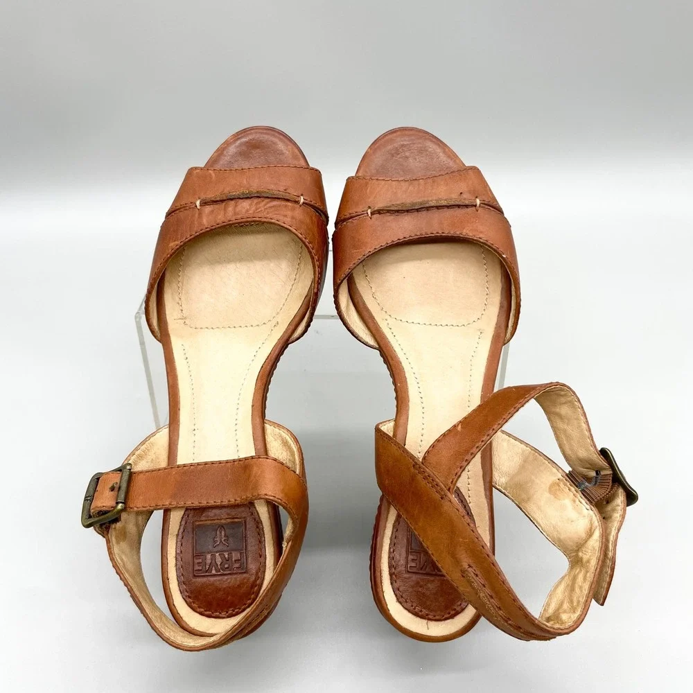 Frye Carlie Seam Brown Leather Wedge Platform Sandals Womens 8M Coastal Cowgirl